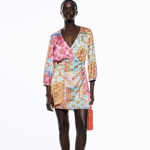 Zara Multicolor Floral Patchwork Mini Dress - Pink, Blue, Yellow